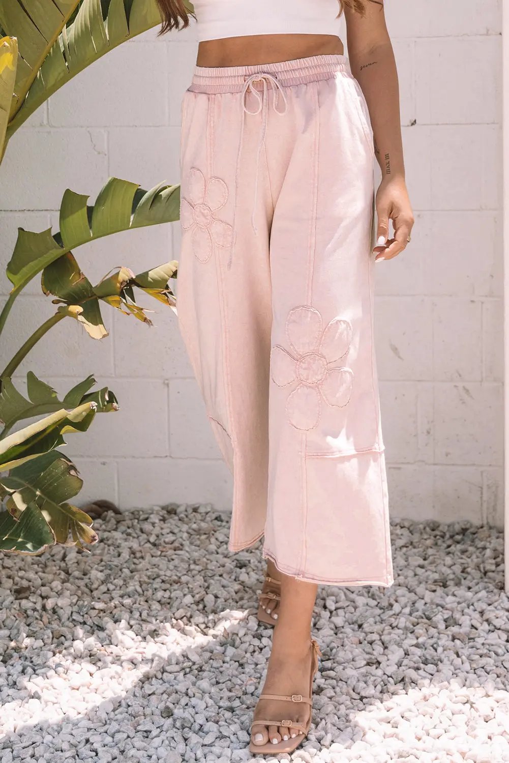 Pink Flower Patch Mineral Washed Terry Knit Cropped Wide Leg Pants Love Salve